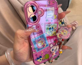 Tamagotchi Cartoon Glitter iPhone Case with Beaded Wrist Strap, Pink Transparent Shockproof Cover for iPhone 16/15/14/13 Pro Max