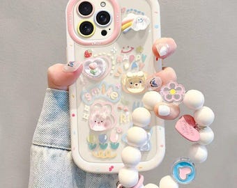 3D Bear Rabbit Kawaii iPhone Case, Pastel Color Doodle Print Shockproof Cover with Beaded Lanyard for iPhone 17/16/15/14/13 Pro Max