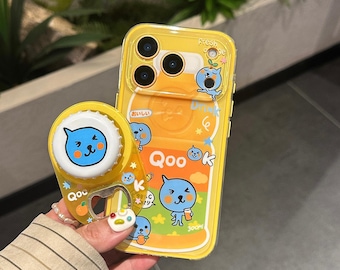 Capa para iPhone com estampa de bebida de laranja Qoo, personagem fofo, capa resistente a impactos com abridor de garrafas integrado para iPhone 17/16/15/14/13 Pro Max.