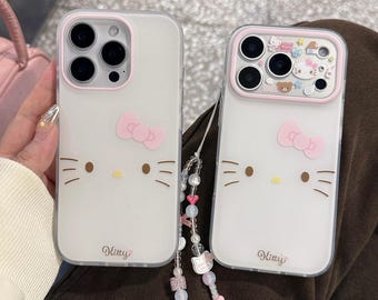 Capa para iPhone com estampa de gatinho kawaii, carinha fofa, à prova de choque e com chaveiro de miçangas para iPhone 17/16/15/14 Pro Max.