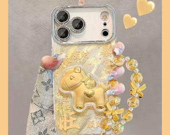 Capa para iPhone Cavalo Dourado da Sorte, Suporte PopSocket 3D com Cordão de Pulso com Contas, Capa Protetora Antichoque para iPhone 17/16/15/14/13 Pro Max