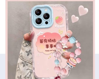 Strawberry Lucky Quote iPhone Case with Mirror Stand & Beaded Wrist Strap, Pink Transparent Shockproof Cover for iPhone 16/15/14/13 Pro Max