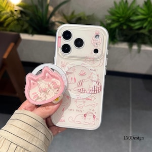 Kawaii Cat MagSafe iPhone Case, Pastel Pink Sketch Print Cover with Shaker PopSocket, Shockproof TPU Case for iPhone 17/16/15/14/13 Pro Max