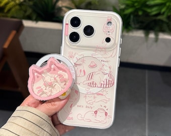 Kawaii Cat MagSafe iPhone Case, Pastel Pink Sketch Print Cover with Shaker PopSocket, Shockproof TPU Case for iPhone 17/16/15/14/13 Pro Max
