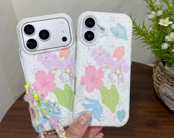 Watercolor Tropical Flower iPhone Case, Soft Pastel Print, Shockproof Cover with Beaded Lanyard for iPhone 17/16/15/14 Pro Max