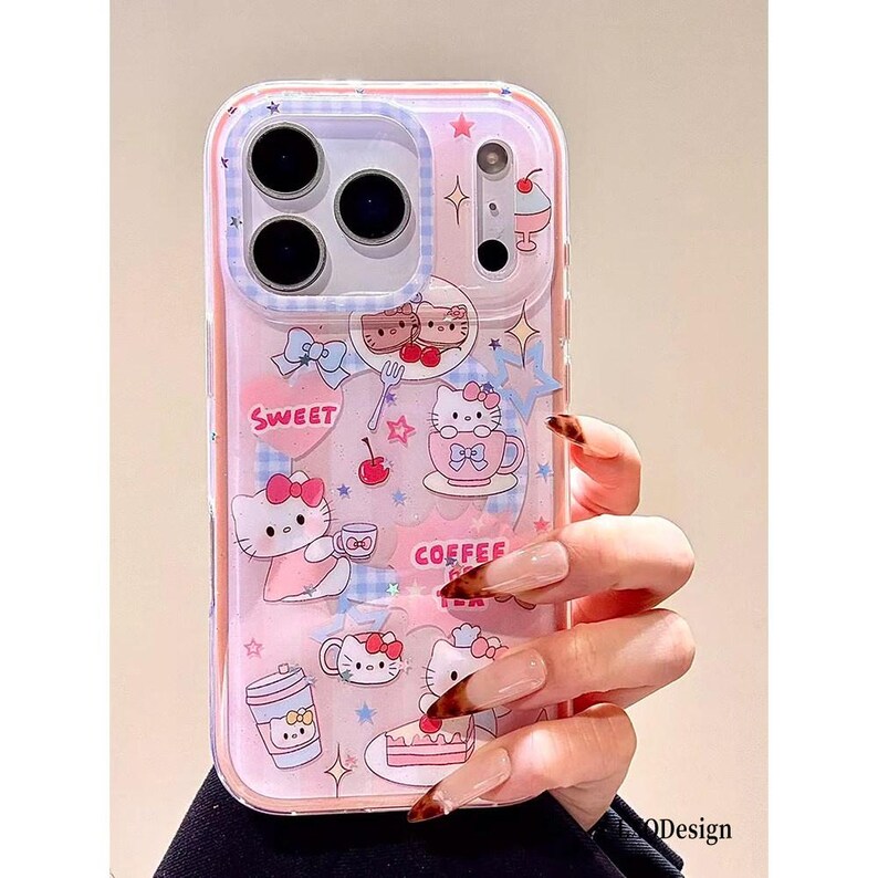 Hello Kitty Coffee Cup Quicksand MagSafe iPhone Case,Contrast Camera Frame Transparent Shockproof Phone Cover for iPhone 17/16/15/14 Pro Max image 3