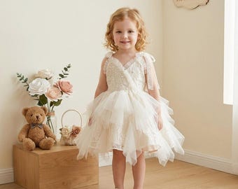 Luxury Pearl Lace Flower Girl Dress, Puffy Tulle Birthday Gown,Beaded Lace Ivory Flower Girl Gown, Ruffle Strap Wedding Tutu