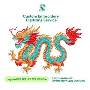 Może przedstawiać: Grafika cyfrowa przedstawiająca stylizowanego smoka z turkusowymi łuskami, złotym brzuchem i czerwonymi akcentami. Tekst brzmi: Custom Embroidery Digitizing Service, Logo to DST PES JEF EXP VP3 File oraz Fast Turnaround Embroidery Logo Digitizing.