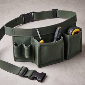 May include: An olive green tool belt featuring multiple storage pockets and an adjustable strap with a black plastic buckle. The belt contains a screwdriver with a yellow handle, a black-handled tool, and a yellow and black tape measure.