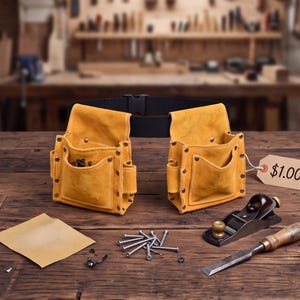 May include: A yellow suede tool belt with a black adjustable strap and buckle, featuring multiple pockets reinforced with metal rivets. The belt is displayed alongside a small hand plane, a wood chisel, a square of sandpaper, and several metal nails.
