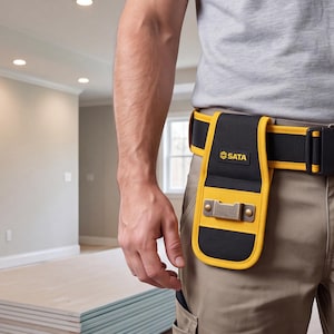 May include: A black and yellow tool belt holster featuring the SATA brand logo in white text on a black rectangular patch. The holster is constructed from durable fabric with yellow trim and includes a metallic clip attachment on the front surface.