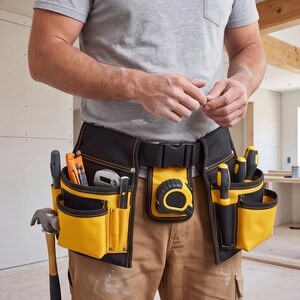 May include: A black and yellow tool belt featuring multiple pockets and pouches. The belt is equipped with a hammer, a utility knife, a tape measure, and two screwdrivers. The belt is secured with a black plastic buckle and reinforced stitching.