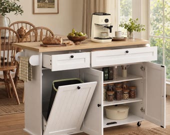 Rolling Kitchen Island Cart Storage Cabinet with Trash Bin Holder, Mobile Kitchen Workstation with Drawers and Shelves