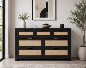 Boho Rattan Dresser Storage Cabinet Wooden Chest of Drawers Organizer for Bedroom Living Room Entryway
