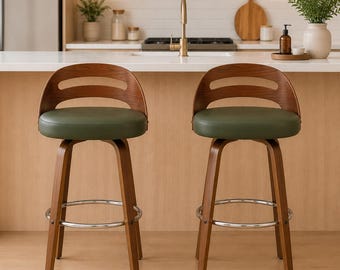 Curved Back Bar Stools Upholstered Counter Height Chairs Set of 2, Modern Bentwood Kitchen Island Seating