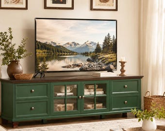 Wooden TV Stand Entertainment Center with Storage Cabinets and Shelves, Farmhouse Media Console for Living Room
