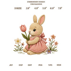 Niedliches Häschen mit Tulpe, Stickmotiv, kleines Kaninchen im rosa Kleid mit Blume, Aufnäher, Geschenk