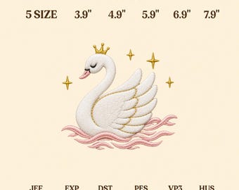 白鳥の刺繍デザイン、王冠をかぶったプリンセス白鳥のデジタルミシン刺繍ファイル、かわいい水鳥のパターン