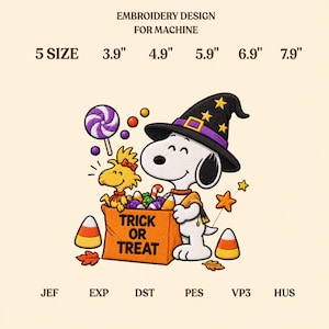 May include: Machine embroidery design featuring a white dog wearing a black witch hat and a yellow bird holding a trick or treat bag with candy corn, a lollipop, and stars. Text reads EMBROIDERY DESIGN FOR MACHINE, 5 SIZE 3.9" 4.9" 5.9" 6.9" 7.9", TRICK OR TREAT, JEF EXP DST PES VP3 HUS.