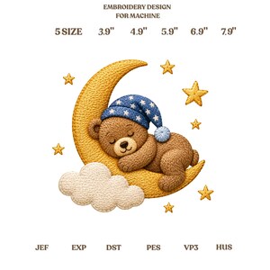 Sleeping Bear on Moon Embroidery Design, Cute Teddy Bear with Stars and Cloud Art, Patch, Gift