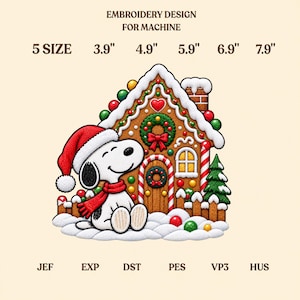 May include: An embroidery design for machine featuring a white dog wearing a red Santa hat and scarf sitting in front of a gingerbread house. The text reads EMBROIDERY DESIGN FOR MACHINE, 5 SIZE 3.9" 4.9" 5.9" 6.9" 7.9", JEF, EXP, DST, PES, VP3, HUS.