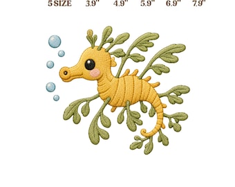 Puede incluir: Un diseño de bordado a máquina con un caballito de mar amarillo, aletas verdes en forma de hoja y cinco burbujas azules. El texto incluye EMBROIDERY DESIGN FOR MACHINE, 5 SIZE, 3.9", 4.9", 5.9", 6.9", 7.9" y formatos JEF, EXP, DST, PES, VP3, HUS.