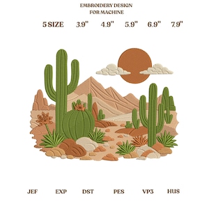 Puede incluir: Un diseño de bordado para máquina que muestra un paisaje desértico con cactus verdes, montañas marrones, un sol naranja redondo y nubes. El texto dice: EMBROIDERY DESIGN FOR MACHINE, 5 SIZE, 3.9", 4.9", 5.9", 6.9", 7.9", JEF, EXP, DST, PES, VP3, HUS.
