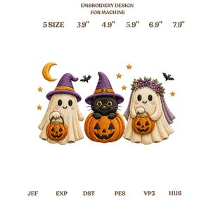 Cute Halloween Ghost and Cat Embroidery Design, Spooky Pumpkin Patch Art, Trick or Treat Decor, Unique Handcrafted Gift