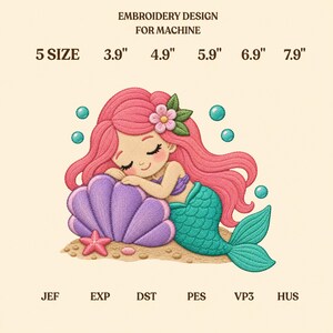 Può includere: Disegno da ricamo per macchina con una sirena addormentata dai capelli rosa e coda turchese su una conchiglia viola. Testo: EMBROIDERY DESIGN FOR MACHINE, 5 SIZE, 3.9", 4.9", 5.9", 6.9", 7.9", JEF, EXP, DST, PES, VP3, HUS.