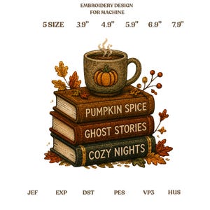 Borduurpatroon met herfstthema: boeken en koffie, kunstwerk met pompoenkruiden en spookverhalen, decoratie voor gezellige avonden, uniek herfstcadeau