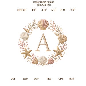 Borduurpatroon van de letter A, krans met schelpmonogram, borduurring met kustalfabet, patroon met parels en zeesterren, wanddecoratie voor een strandhuis