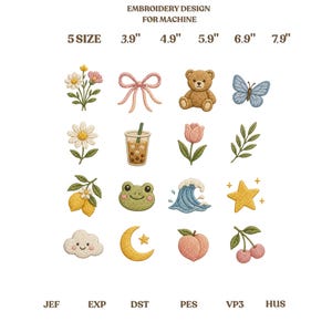 Cute Embroidery Icons Bundle, Kawaii Patches Digital Design Set, Bear, Flowers and Animals Art, Gift