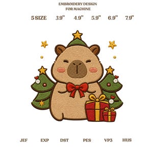 May include: An embroidery design for machine featuring a tan capybara wearing a green party hat, a red bow tie, and flanked by two green Christmas trees with gold stars. Two red gift boxes with gold ribbons sit beside it. Text reads: EMBROIDERY DESIGN FOR MACHINE 5 SIZE 3.9" 4.9" 5.9" 6.9" 7.9" JEF EXP DST PES VP3 HUS.
