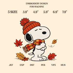 May include: Machine embroidery design featuring a white cartoon dog wearing an orange knit hat with a pom-pom and a plaid scarf, surrounded by autumn leaves. Text includes EMBROIDERY DESIGN FOR MACHINE, 5 SIZE, 3.9", 4.9", 5.9", 6.9", 7.9", JEF, EXP, DST, PES, VP3, HUS.