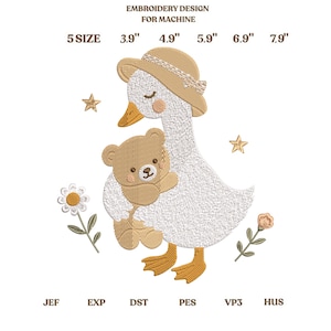 May include: An embroidery design for machine featuring a white goose wearing a tan hat and holding a brown teddy bear. The design includes two stars, two flowers, and text reading EMBROIDERY DESIGN FOR MACHINE, 5 SIZE, 3.9", 4.9", 5.9", 6.9", 7.9", JEF, EXP, DST, PES, VP3, HUS.