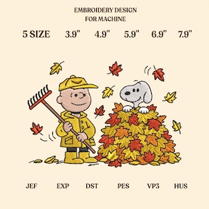 May include: Machine embroidery design featuring a character in a yellow raincoat and hat holding a rake, standing next to a dog peeking out of a pile of red, orange, and yellow autumn leaves. Text includes EMBROIDERY DESIGN FOR MACHINE, 5 SIZE, 3.9", 4.9", 5.9", 6.9", 7.9", JEF, EXP, DST, PES, VP3, HUS.