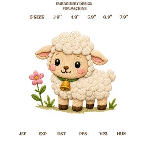 Puede incluir: Un diseño de bordado a máquina con un cordero color crema de mejillas rosadas, un collar verde con una campana dorada y una flor rosa. Texto: EMBROIDERY DESIGN FOR MACHINE, 5 SIZE, 3.9", 4.9", 5.9", 6.9", 7.9", JEF, EXP, DST, PES, VP3, HUS.