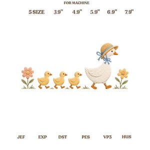 May include: Machine embroidery design featuring a mother duck wearing a straw hat with a blue ribbon, followed by three small yellow ducklings, flanked by two flowers. Text includes FOR MACHINE, 5 SIZE, 3.9", 4.9", 5.9", 6.9", 7.9", JEF, EXP, DST, PES, VP3, HUS.