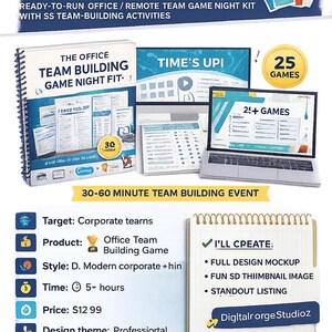 May include: The Office Team Building Game Night Kit includes a spiral-bound manual, digital game files, and a laptop display showing 25+ games. The kit features text including The Office Team Building Game Night Kit, Time's Up, and 25 Games.