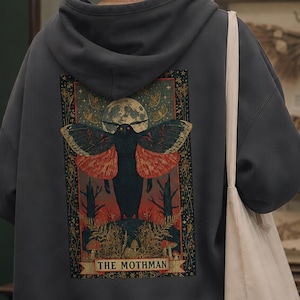 Mothman Tarot Card Hoodie, Cryptid Hoodie Back Print, Folk Horror Sweatshirt, Dark Cottagecore Hoodie, Cryptidcore Gift, Mothman Shirt