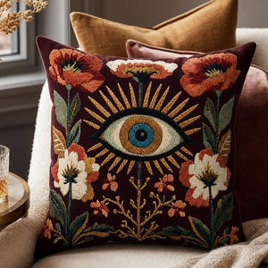 May include: A square throw pillow with a dark burgundy base featuring intricate embroidery of a central eye with golden rays, surrounded by orange, red, and white flowers with green stems and leaves on a textured fabric surface.