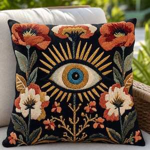 May include: A square black throw pillow featuring intricate embroidery of a central eye with a blue iris and golden rays. The design is surrounded by detailed floral motifs in shades of orange, cream, and green, with stems and leaves.