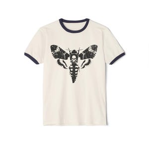 Death Moth Ringer Tee, Gothic Shirt with Retro Contrast Collar, Deaths Head Moth Skull T-Shirt, 80s Horror Halloween Goth Top