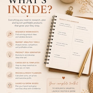 May include: A digital product toolkit for Etsy sellers titled WHAT'S INSIDE? featuring a spiral-bound Product Idea Generator worksheet, a gold pen, a gold binder clip, and a coffee mug. The document lists research worksheets, market analysis tools, checklists, templates, pricing planners, and launch guides.