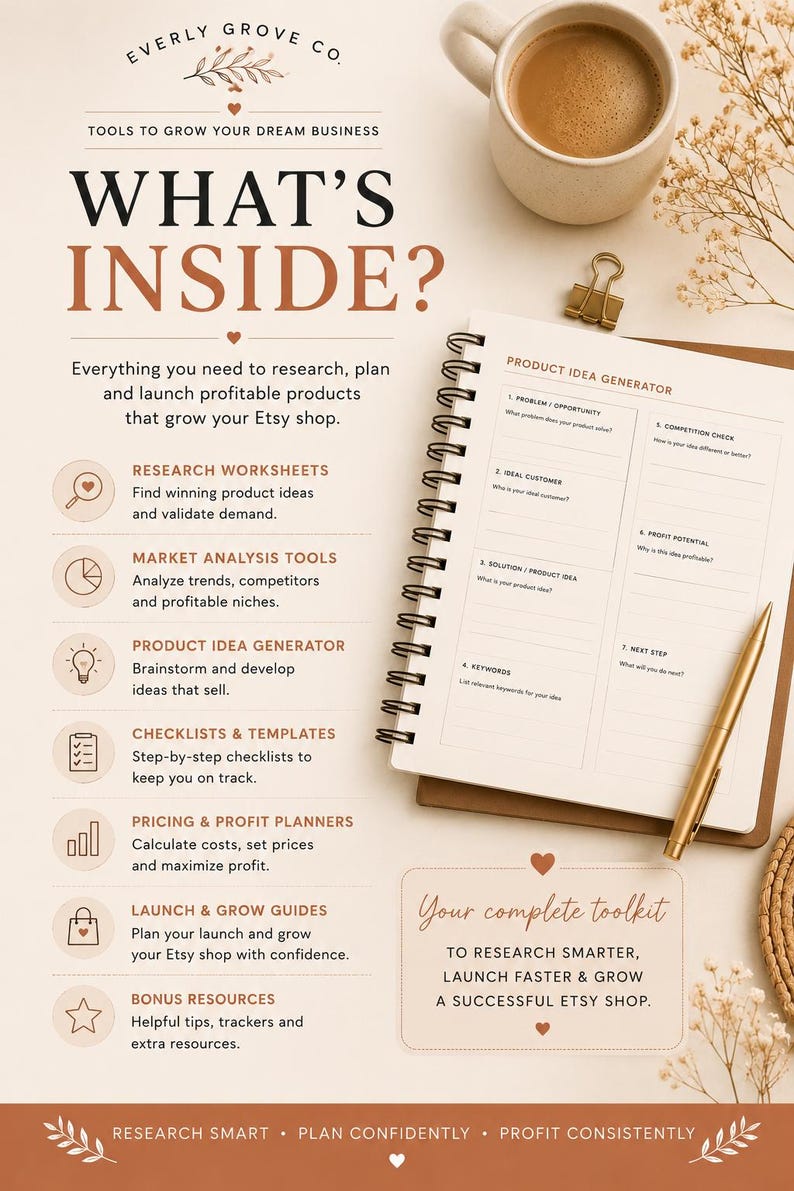 May include: A digital product toolkit for Etsy sellers titled WHAT'S INSIDE? featuring a spiral-bound Product Idea Generator worksheet, a gold pen, a gold binder clip, and a coffee mug. The document lists research worksheets, market analysis tools, checklists, templates, pricing planners, and launch guides.