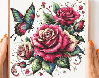 Patrón de punto de cruz de mariposa rosa rosa en PDF, diseño romántico de bordado floral, descarga instantánea.