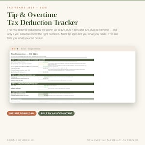 Tip Tracker Spreadsheet, No Tax on Tips & Overtime Deduction Calculator, Server Bartender Tip Log, Excel Google Sheets Tax Organizer