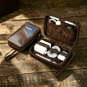 May include: Two dark brown leather travel organisers with zip closures and wrist straps. One case is closed with a passport in the outer pocket and the letters RK embossed on the front. The other is open, revealing internal compartments holding a white power adapter, coiled white charging cables, a small white case, and a smartwatch.
