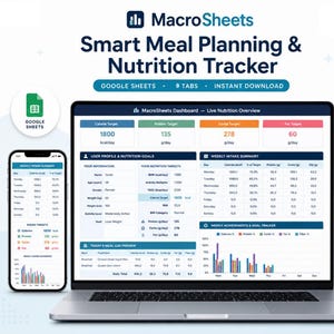 May include: A digital meal planning and nutrition tracker for Google Sheets displayed on a laptop and smartphone. The interface shows calorie, protein, carb, and fat targets, a weekly intake summary, and a daily meal log with colorful charts.