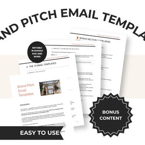 Könnte beinhalten: Ein Satz digitaler Dokumente mit dem Titel Brand Pitch Email Templates, bestehend aus mehreren Textseiten, einer Einleitung und einem Bonusinhalt-Abschnitt. Die Dokumente enthalten ein schwarzes kreisförmiges Abzeichen mit der Aufschrift Editable in Google Doc and Word.